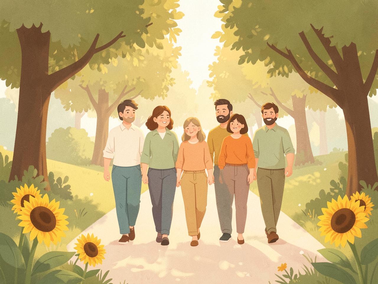 A small group of friends walking together along a sunlit tree-lined path